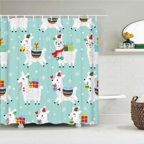 3D Lovely Alpaca Printed Shower Curtains With Hooks Waterproof Polyester Frabic Cartoon Animal Bath Curtain Screen 180x180cm Set
