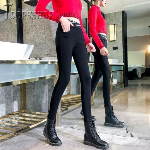 2019 Lining With Fluff High Waist Alphabet Printed Women Pencil Pants Elastic Female Trousers