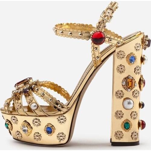 New Arrivals Gold Metallic Leather Crystal Heels Rhinestone Gladiator Sandals Metal Decoration Platform Women Square Heel Sandal