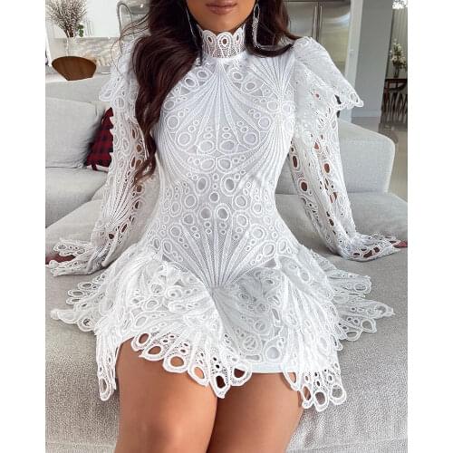 Autumn Women Eyelet Embroidery Bell Sleeve Lace Mini Dress 2021 Femme Elegant Long Sleeve Hollow Out Robe Lady Outfits Vestidos