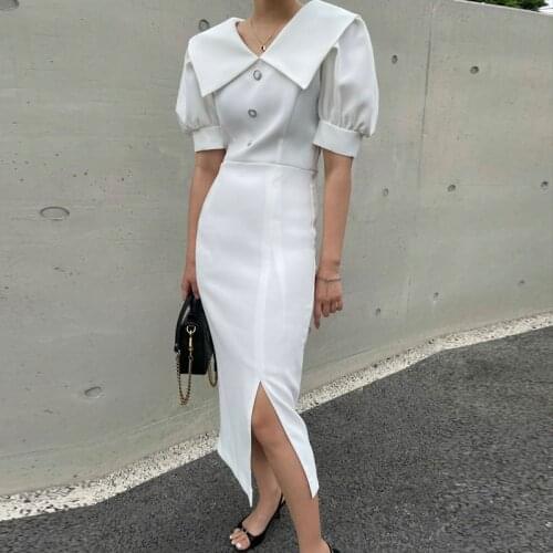 Retro Peter pan Collar Women Dress Sexy Split Ladies Slim Bodycon Dresses Solid Casual Puff Short Sleeve Summer Vestidos Female