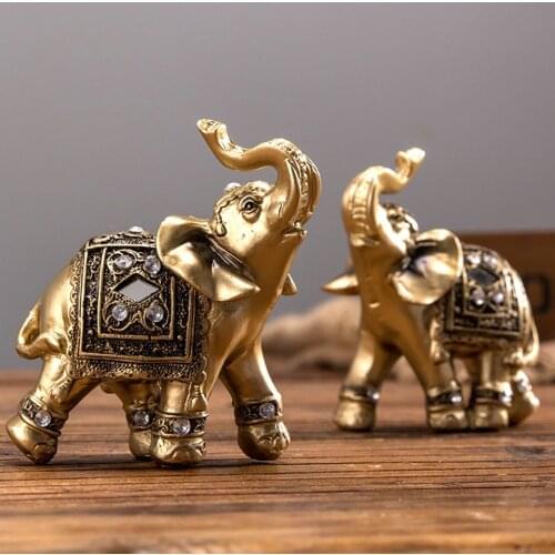 2Pcs Resin Elephant Statue Decoration Golden Sculpture Car Shelf Figurine
