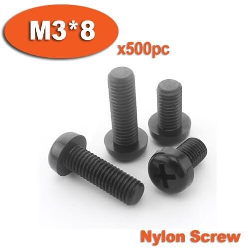 500pcs DIN7985 M3 x 8 Black Plastic Nylon Pan Head Phillips Screw Cross Recessed Raised Cheese Head Screws
