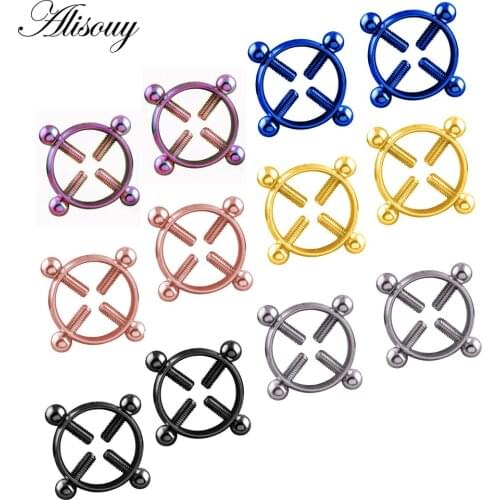 Alisouy 1PCS Titanium Round Non-Piercing Nipple Ring Shield body piercing jewelry Nickel-free Fake Piercing screw up nipple ring