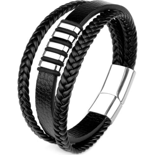 3 Laps Genuine Leather Bracelet Stainless Steel Magnetic Clasp Charm Punk Rock Fashion High Quality Bangles For Men