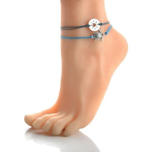 2PC/Set Punk Compass Turtle Charm Bracelets for Women Men Accessories Handmade Blue Green Weave Rope Anklets Set Foot Jewelry