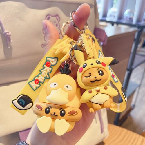 Pokemon keychains pikachu Creative anime cartoon key chain Ornaments dolls Eevee Psyduck Rowlet for kids toys bag pendant gifts