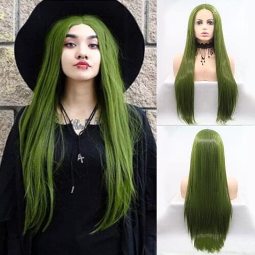 Long Straight Lace Front Wigs Glueless Olive Green Wig Heat Resistant Fiber Hair Natural Olive Green Straight Synthetic 22 inch