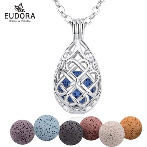 EUDORA New 14mm Aromatherapy Perfume Essential Oils Diffuser Necklace water drop Locket Cage Pendant with Fun Lava Stone K340N14