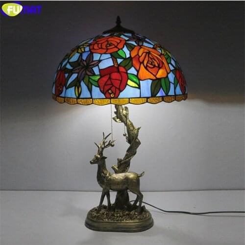 FUMAT Tiffany Style Rose Bouquet Stained Glass Desk Lamps Shade Tree Deer Bird Elk Frame Colorful Art Decor Table Antique Light