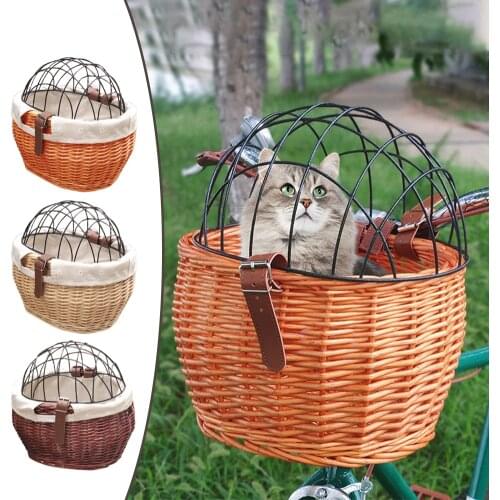 Cat Dog Bicycle Front Handlebars Basket Pets Seat Handwoven Wicker MTB Road Bike Basket Pet Cat Dog Carrier Cycling Accessories