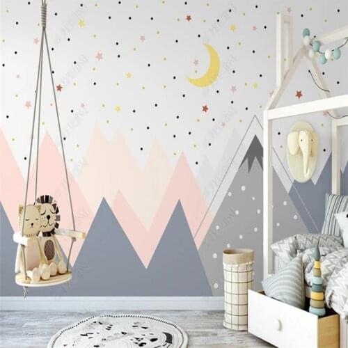 Nordic Hand-painted Cartoon Geometric Mountain Peak Childrens Room Wall Paper 3D Bedroom Decor Starry Sky Mural Wallpaper 3D