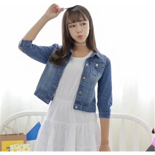 2021 New womens summer three-quarter sleeve denim jacket female Korean slim casual Single-breasted short jacket A560