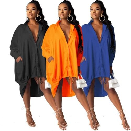 Solid Color Turn-Down Collar Drawstring Long Sleeve Irregularity Button Women Coat 2020 Autumn Casual Simple Style Tops