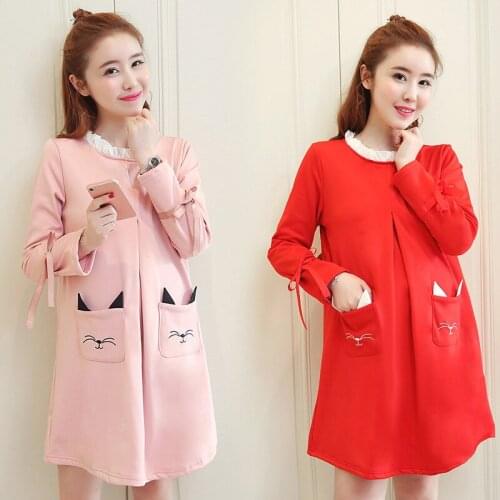 2021 Autumn Winter Maternity Long Sleeve Tops for Pregnant Women Wear Maternity Dresses Clothing Cute Cat Pregnancy Dress