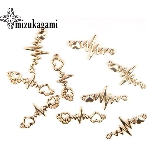 10pcs/lot Gold Zinc Alloy Charms Heart ECG Link Connector Connection Pendant For DIY Fashion Necklace Jewelry Accessories