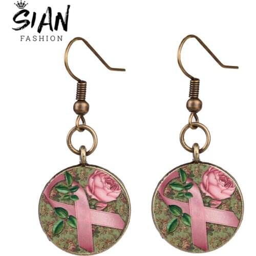 SIAN Breast Cancer Awareness Pink Ribbon Earrings Bronze Silver Plated Long Dangle Earrings for Women Survive Jewelry Party Gift