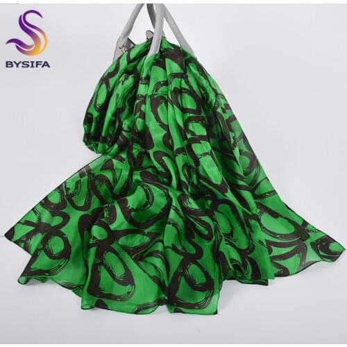 [BYSIFA] New Scarves Shawls Foulard Ladies Fashion Graffiti Design 100% Silk Long Scarf Luxury Green Women Neck Scarves Wraps