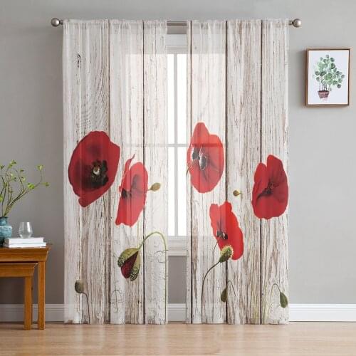 Vintage Wooden Texture Red Poppy Flower Voile Tulle Sheer Curtains for Bedroom Living Room Kitchen Decor Chiffon Windows Curtain