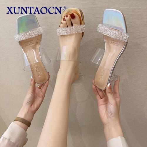 Women 2021 Fashion Brand Crystal Heels Slippers Ladies Summer Narrow Band Transparent Casual Luxury Party Sandals Size 42