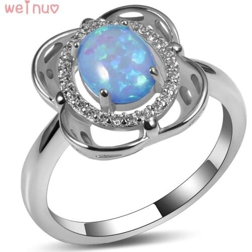 Weinuo Blue Fire Opal White Crystal Ring 925 Sterling Silver Top Quality Fancy Jewelry Wedding Ring Size 5 6 7 8 9 10 A354