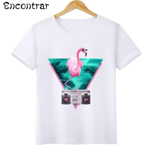 Kids Flamingo Design T Shirt Boys/Girls Casual Short Sleeve Tops Childrens Funny White T-Shirt,HKP3065