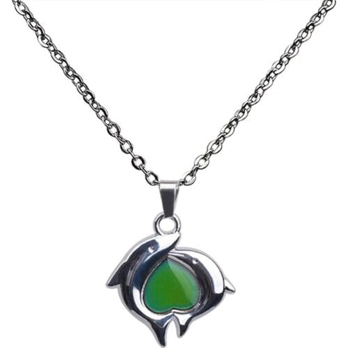JUCHAO Mood Necklaces Double Dolphin Heart Pendant Necklace Stainless Steel Chain Temperature Control for Color Change Jewelry