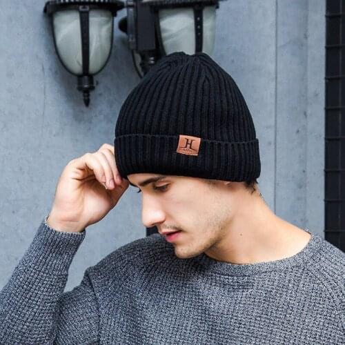 Classic Mens Winter Warm Knit Beanie Thick Lining Plus Velvet Casual Hat Dad Hat Fleece Soft Cap Bonnet Male Bone