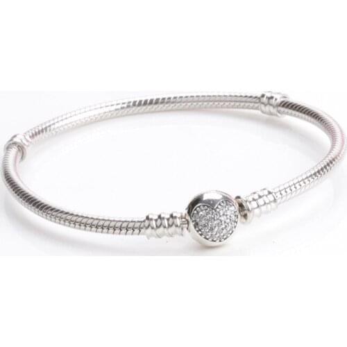 Authentic 100% 925 Sterling Silver Fashion Heart-shaped Clasp Basic Bracelet Luxury Jewelry