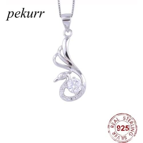 Pekurr 925 Sterling Silver Crystal Swan Peacock Bird Necklaces For Women Elegant Pendants Girl Chain Fashion Jewelry