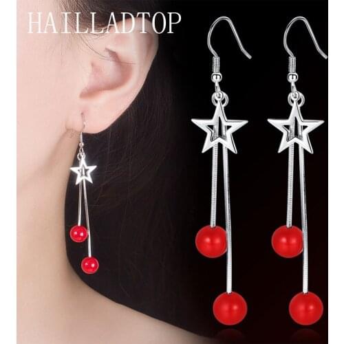 Hollow Star Dangle Earrings Charms Female Ear Jewelry Read Pearls Drop Earrings Long Charm Earrings Ear Line Jewelry Accessories