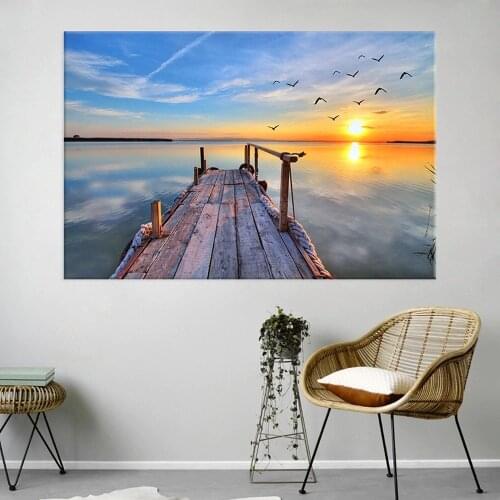 Seaside Pier Plank Road Canvas Painting Sunrise Sunset Sea Landscape Posters Living Room Bedside Banner Home Decoration Mural