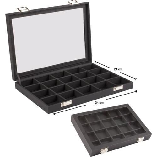Enlightened Decor Glass Cover Leather Black 20 Compartments Jewelry Tabla