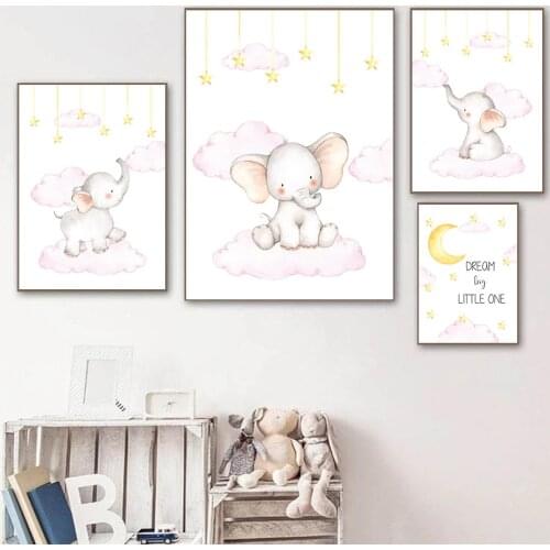 Pink Stars Clouds Art Canvas Prints Nursery Wall Painting Moon Elephant Poster Nordic Wall Art Print Pictures Baby Room Decor