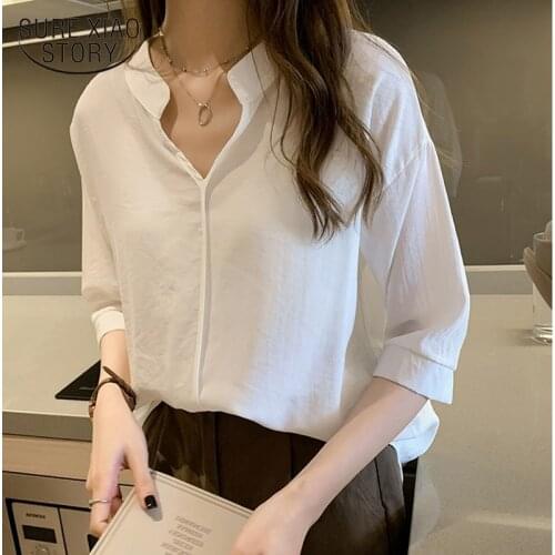 Summer Autumn Chiffon Shirt Women Half Sleeve Loose Shirts Plain Casual Blouse Office Lady Tops Blusa Feminina OL Clothes 11385