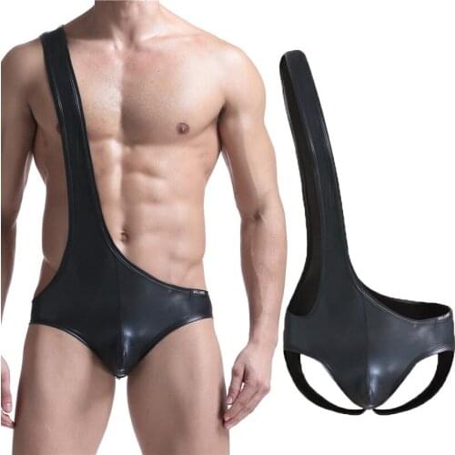 Sexy Mens Jumpsuits PU Leather Leotard Wrestling Singlet Mankini Bodysuits Gay Penis Pouch Lingerie Open Butt Wetlook Catsuit