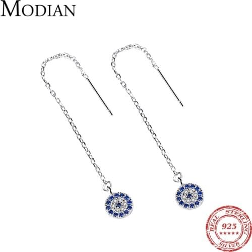 Modian Elegant Luxury Tiny Sapphire Long Tassel Drop Earrings For Women Real 925 Sterling Silver Jewelry Eyes Line Earring