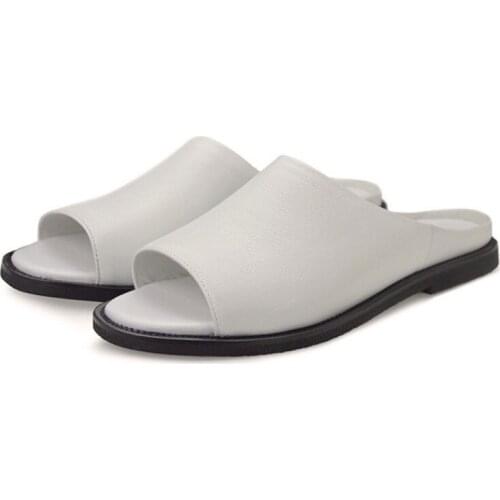 Summer Mens Casual Beach Slides Sandals Top Quality Genuine Leather Bathing Flats Slippers Peep Toes Leisure Shoes Bed Pantuflas