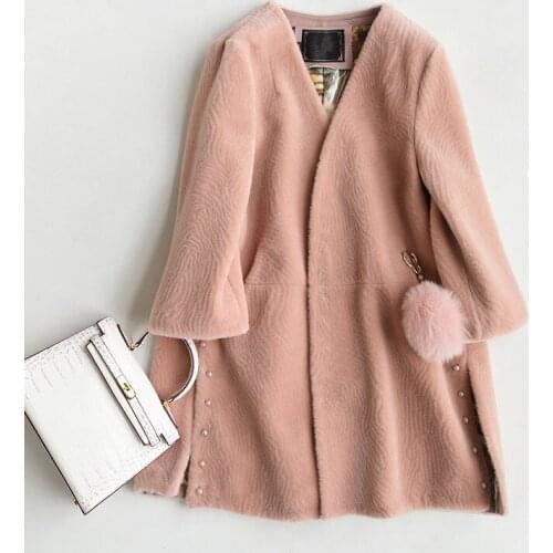 2020 Fashion Genuine Sheep Shearing Fur Coat Female Winter Jackets For Women Fox Fur Ball Real Fur Coats bontjas 17011