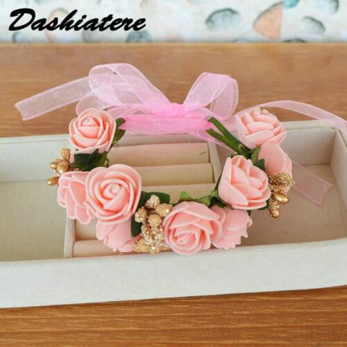 Wedding Artificial Flower Bracelet Garland Corsage with Ribbon Pink Gold Bridesmaid Hand Wrist Flowers Marriage Accessories