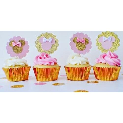 6pcs pink and gold mouse cupcake toppers bow mouse birthday pink and gold first birthday mouse birthday