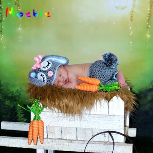 Sleeping Rabbit Newborn Baby Girls Crochet Photography Props Knitted Baby Animal Hat and Pants Set Infant Animal Costume Gray