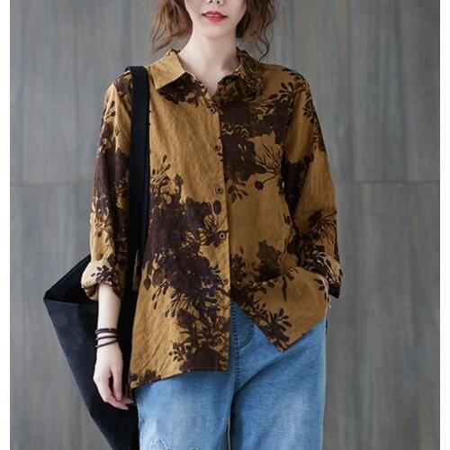 Women Cotton Linen Casual Shirts New Arrival 2021 Spring Vintage Style Floral Print Loose Female Long Sleeve Tops S3578