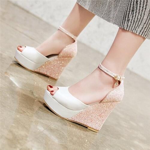 Wedge Sandals for Women High Heels Platform Summer Shoes Ankle Strap Peep Toe Ladies Pumps Bling Wedding Shoes Pink White Black