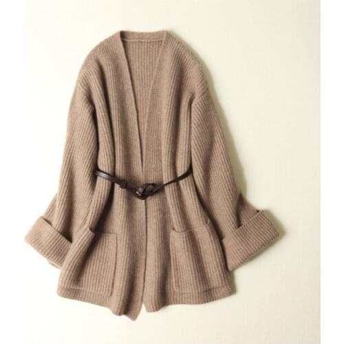 High quality 100% cashmere open cardigan with belt women v neck winter thick outerwear knitted ladies warm fashion sweater coats