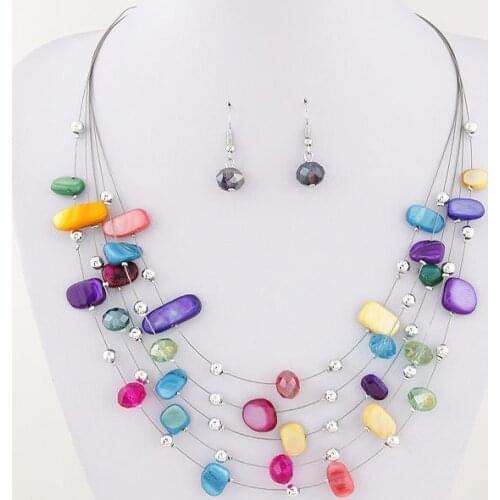 Women Bohemian African Beads Jewelry Set Multilayers Necklace Earrings Crystal Shell Jewelry Sets Charm Wedding necklace women