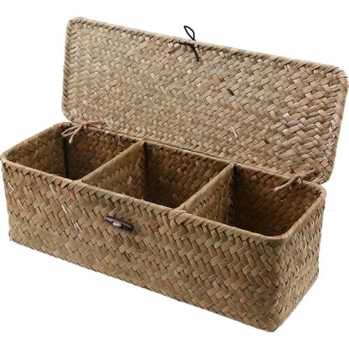 3 Slot Straw Storage Boxes with Cover Rattan Home Storage Box Retro Cosmetics Jewelry Gadgets Display Baskets Organization