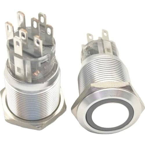 Aluminium anodized material 19mm 8pin 12V 24V latching momentary white red yellow housing push button switch