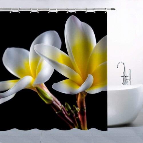 White Yellow Gradient Flower Shower Curtain Frangipani Cute Beautiful Delicate Floral Black Unique Fabric Bathroom Decor Set