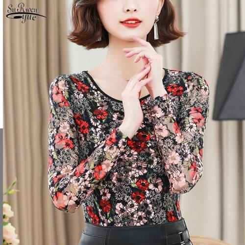 Blusas Autumn 2021 Lace Casual Blouse Women Long Sleeve O-neck Women Tops Elegant Print Slim Chic New Office Lady Clothing 6090
